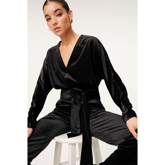 Good American Tops - NEW Good American Velvet Wrap Top Plunging Deep V-Neck Long Sleeve Belted 1 / S